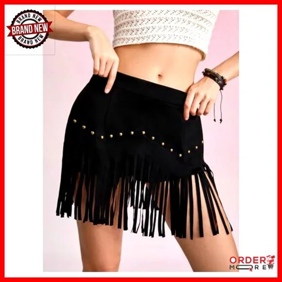 Suede Fringe Cowgirl Skirt High Waisted Mini Western Y2K Chic Concert Outfit